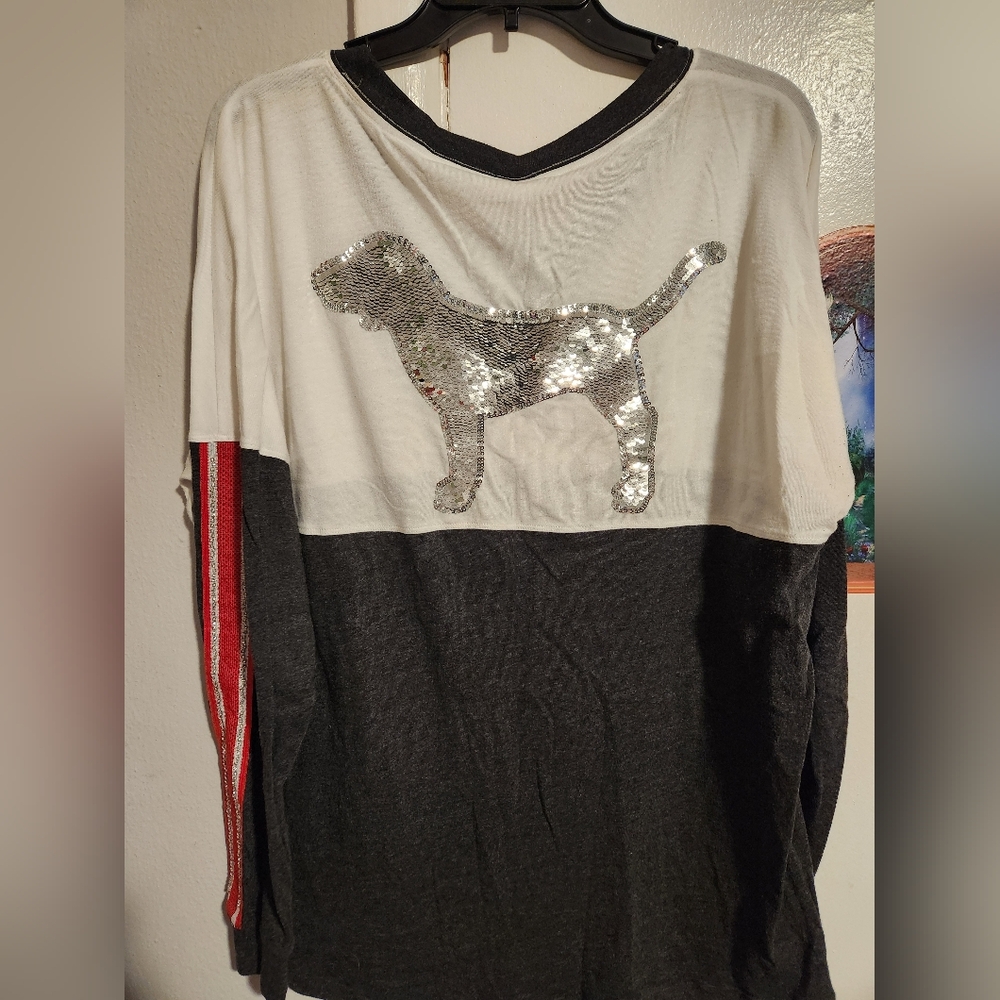 PINK Sequin Varsity V-Neck Tee